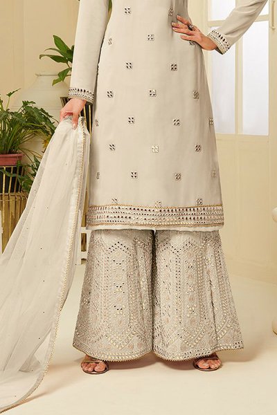 Taupe Resham Embroidered Georgette Sharara Suit with Gota Work