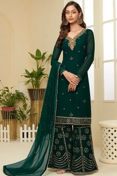 Bottle Green Resham Embroidered Georgette Palazzo Suit with Gota Work