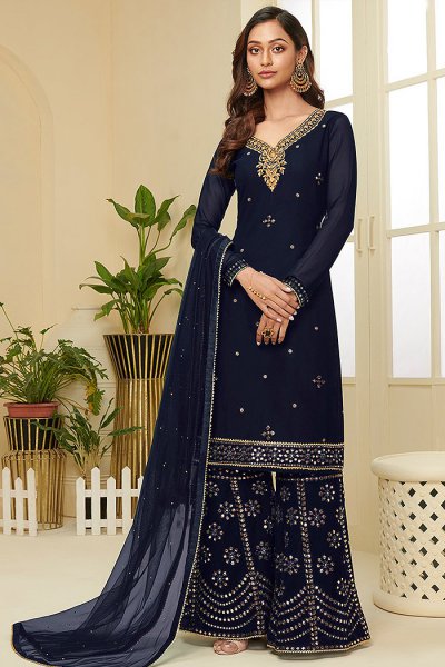 Navy Resham Embroidered Georgette Palazzo Suit with Gota Work