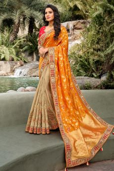 Orange and Beige Banarasi Silk Saree