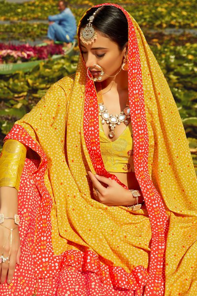 Yellow and Red Digital Printed Silk Lehenga Choli