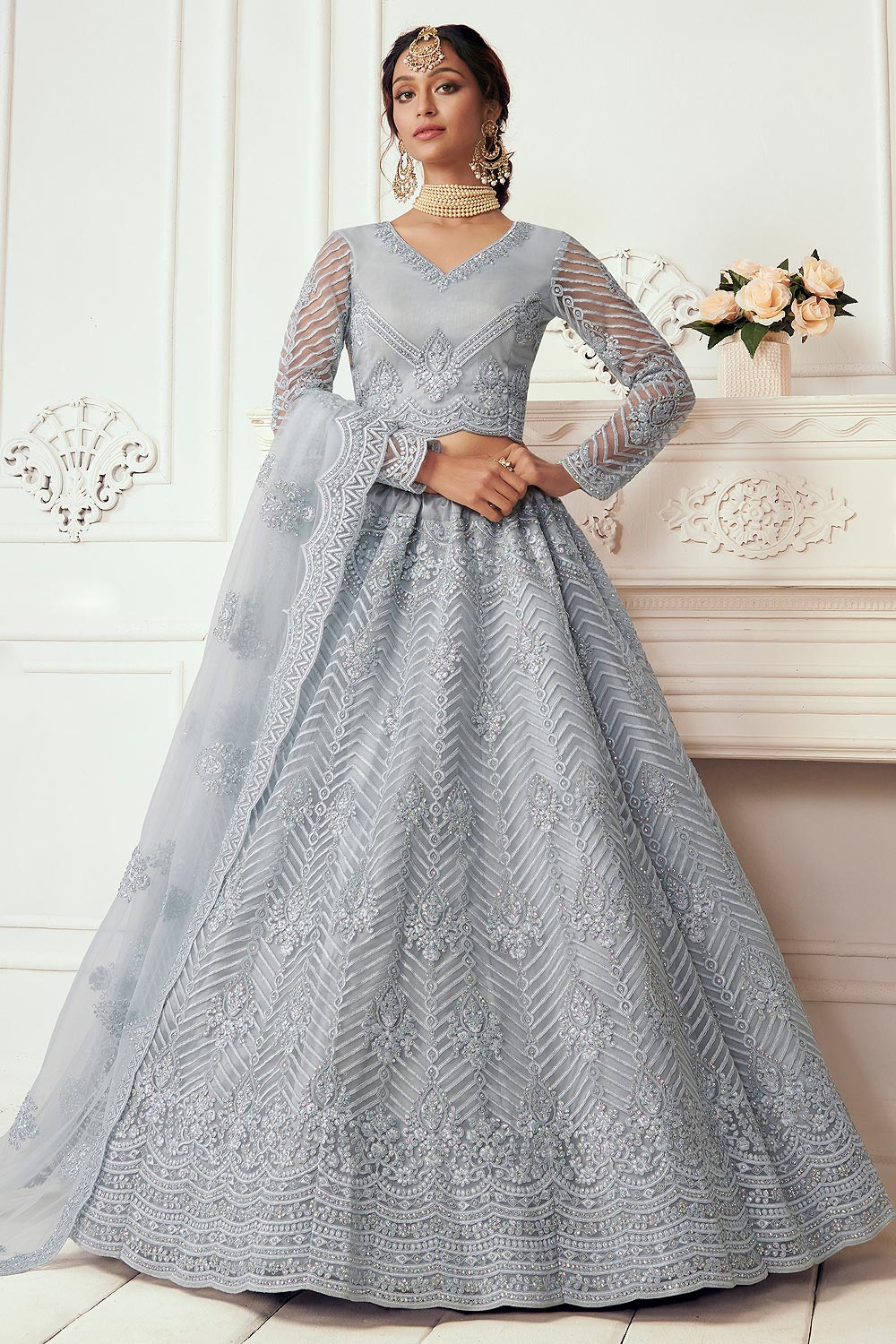 Buy Steel Blue Beautiful Embroidered 