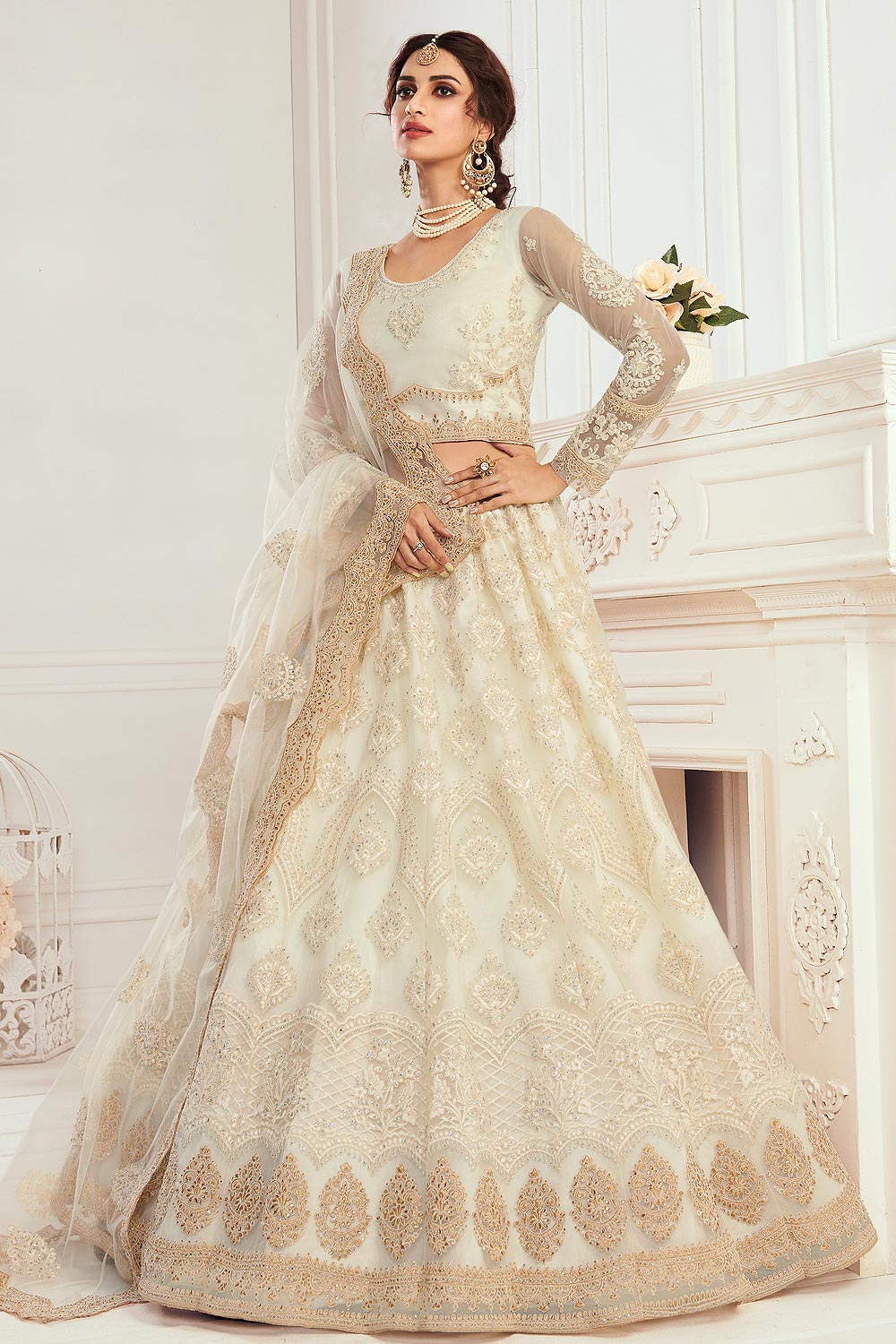 Off White Zari  Embroidered Bridal Wear Lehenga