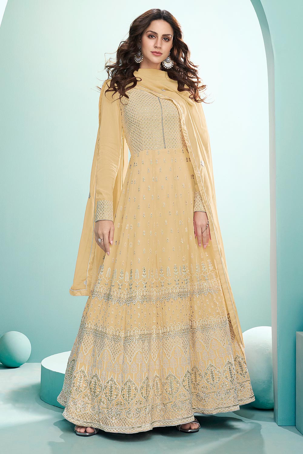 Pale Yellow Resham Embroidered Georgette Anarkali Suit