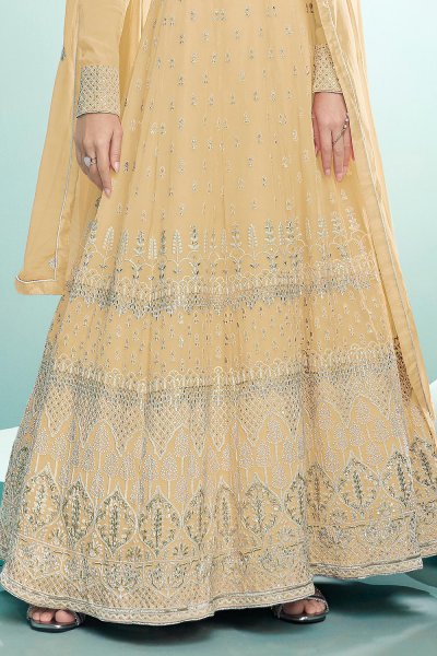 Pale Yellow Resham Embroidered Georgette Anarkali Suit