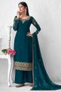 Teal Blue Georgette Embroidered Palazzo Suit