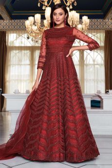 Red Embroidered Net Anarkali Suit