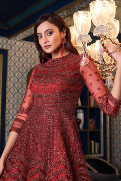 Deep Red Embroidered Net Anarkali Dress With Dupatta