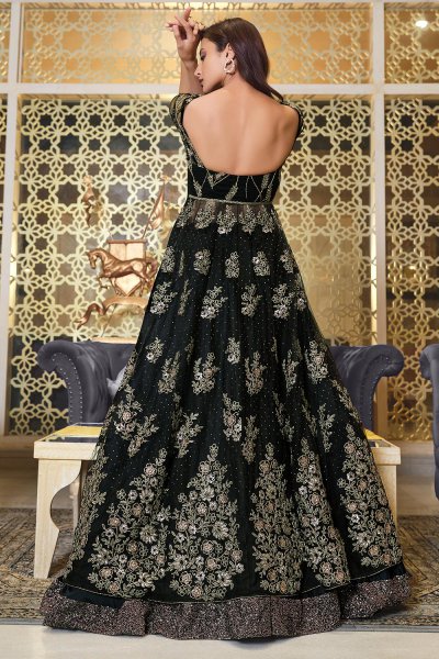 Black Embroidered Net Anarkali Dress with Dupatta