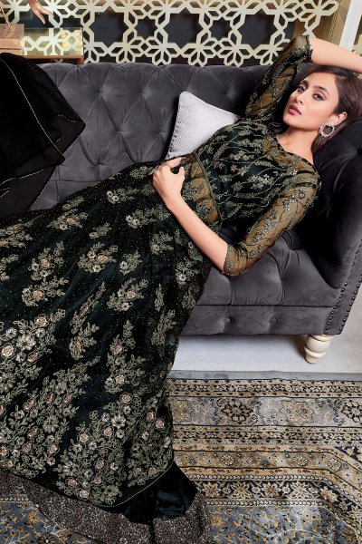 Black Embroidered Net Anarkali Dress with Dupatta