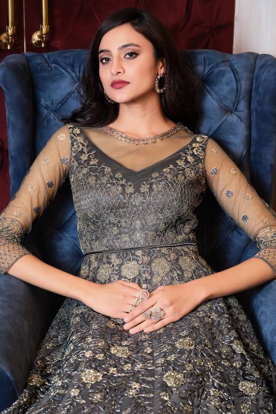Grey Embroidered Net Anarkali Dress with Dupatta
