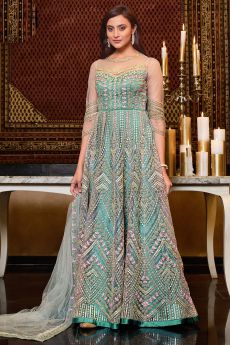 Turquoise Net Embroidered Anarkali Suit
