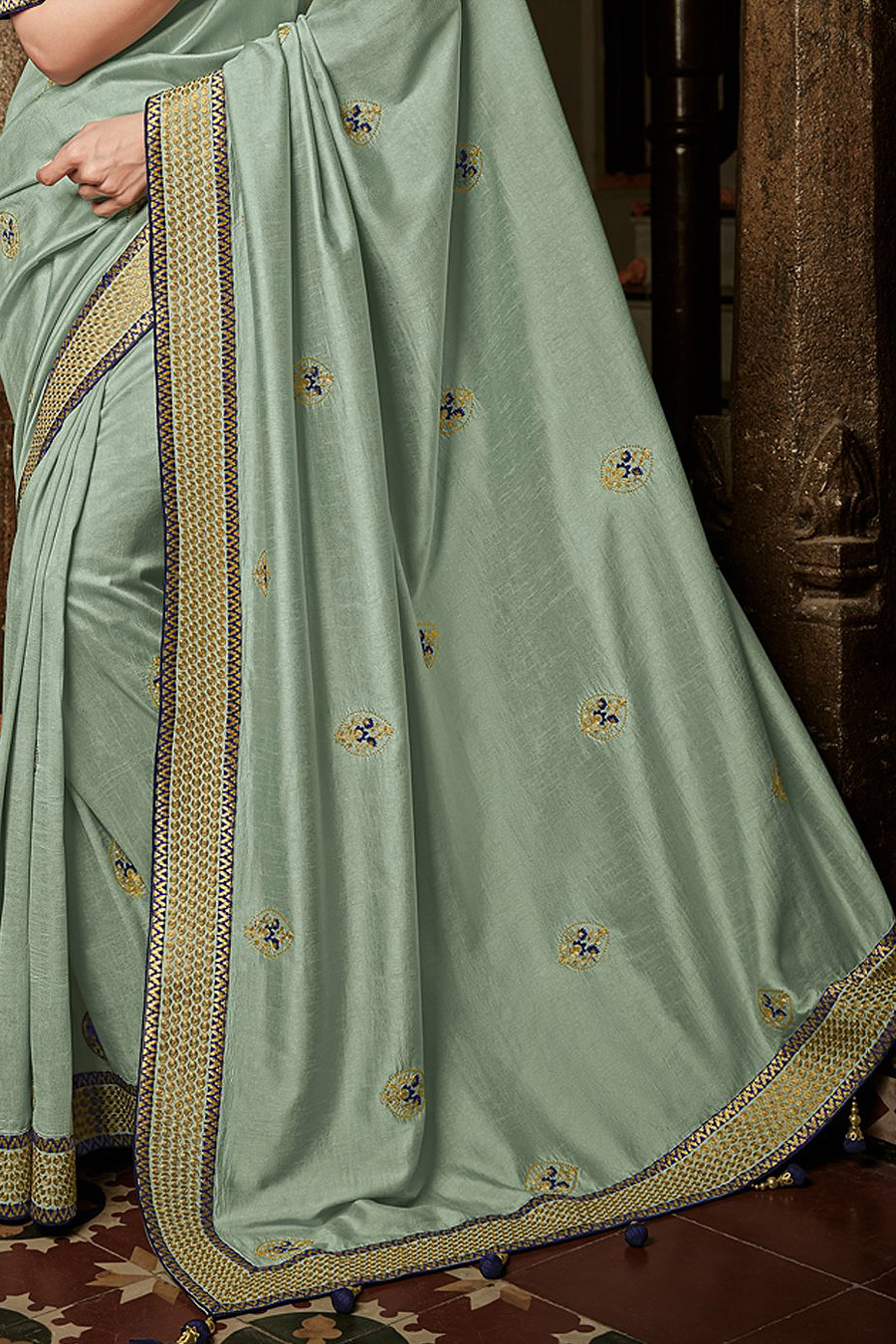 Buy Sage Silk Embroidered Saree Online | Like A Diva