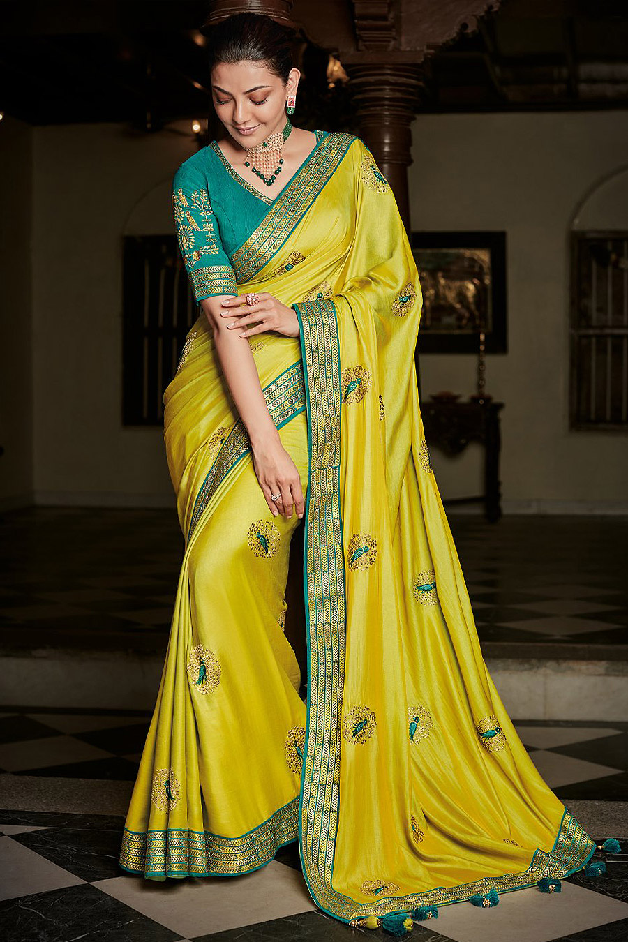 Lime Yellow Silk Embroidered Saree