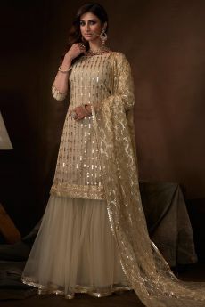 Off White Sequin Embellished Indian Net Suit