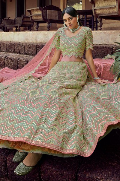 Sage Green Resham Embroidered Lehenga Choli with Gota work