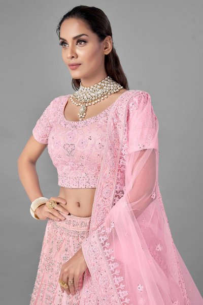 Pink Embellished Net Lehenga Choli