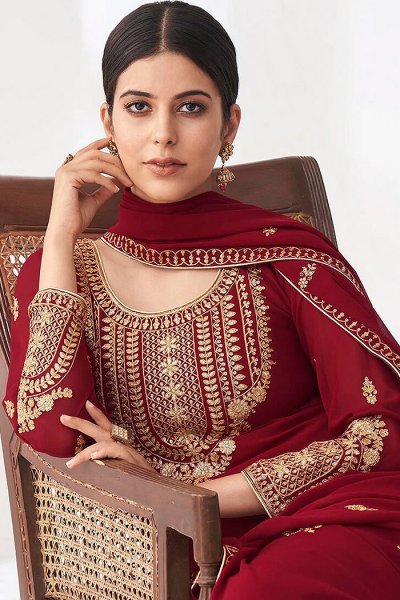 Maroon Embroidered Georgette Palazzo Suit