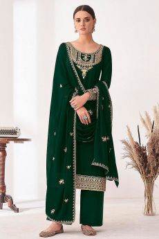 Bottle Green Embroidered Georgette Palazzo Suit