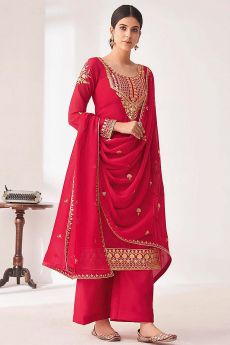 Crimson Embroidered Georgette Palazzo Suit