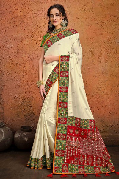 Off White Kutchi Embroidered Satin Silk Saree