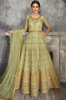 Pista Green Zari Embroidered Anarkali Suit