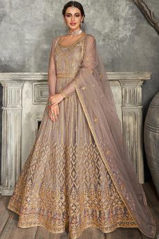 Taupe Brown Zari Embroidered Anarkali Suit
