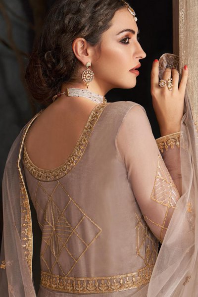 Taupe Brown Zari Embroidered Anarkali Suit