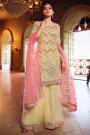 Silk Organza and Net Pale Yellow Foil Mirror Embellished Sharara Suit