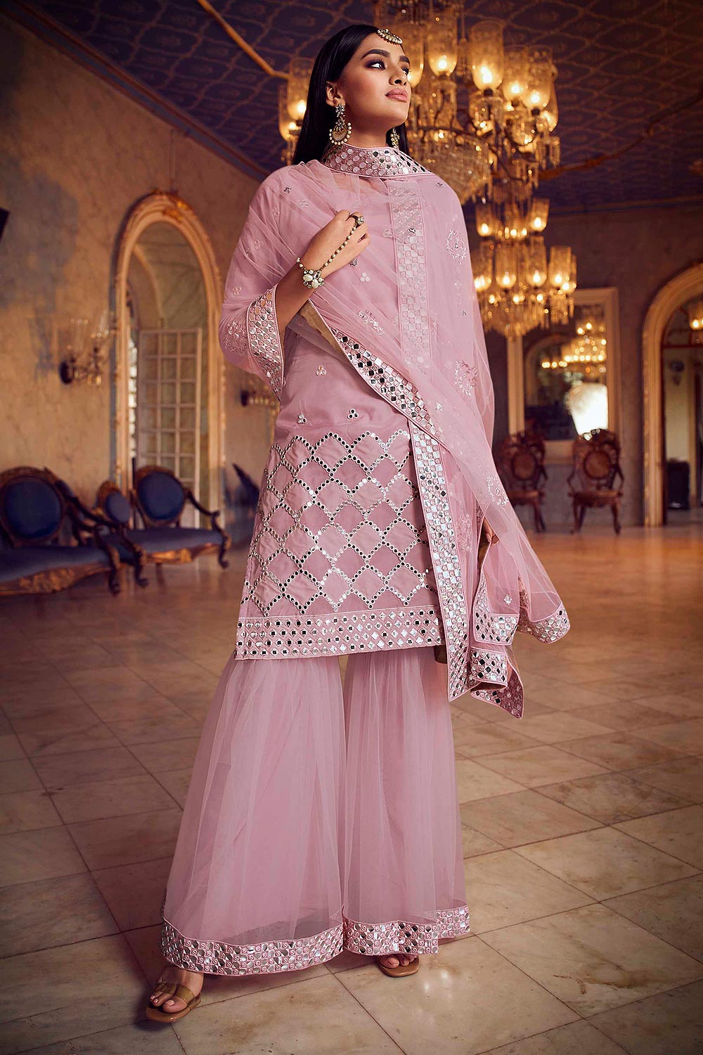Silk Organza and Net Dusky Pink Foil Mirror Embellished Sharara Suit