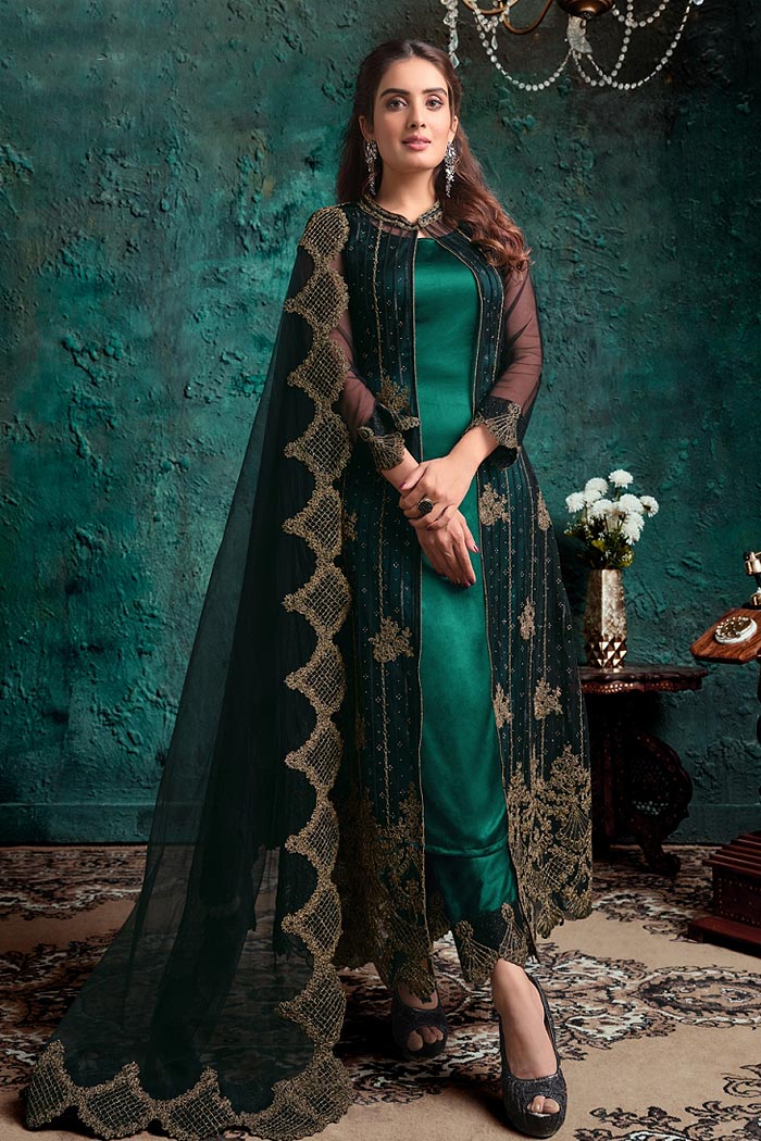 Green Black Zari Embroidered Party Wear Suit