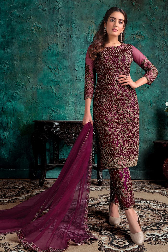 Wine Zari Embroidered Party Wear Suit