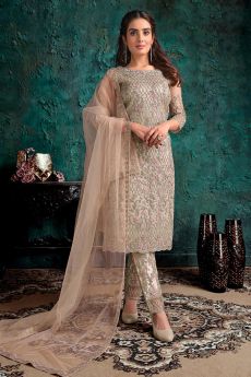 Beige Party Wear Suit with Floral Embroidery