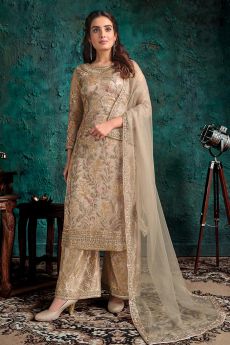 Beige Party Wear Palazzo Suit with Floral Embroidery