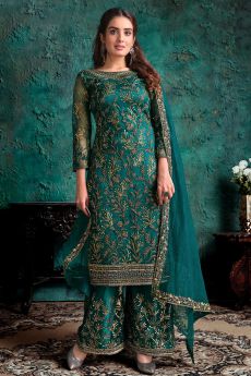 Peacock Green Embroidered Palazzo Suit with Sequins Work