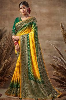 Yellow and Green Bandhani Silk Saree