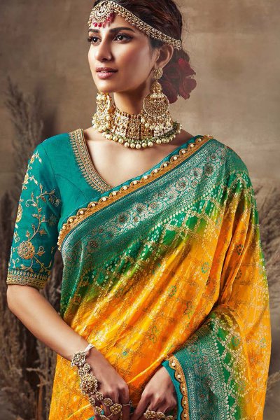 Yellow and Turquoise Bandhani Silk Saree