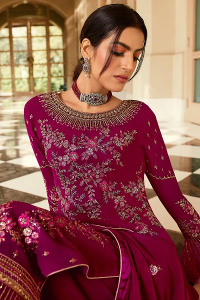 Magenta Pure Georgette Embroidered Palazzo Suit