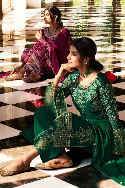 Bottle Green Pure Georgette Embroidered Palazzo Suit