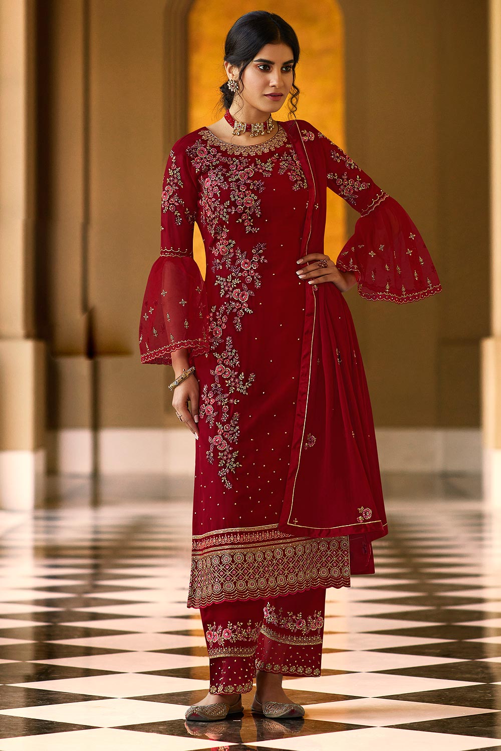 Crimson Red Pure Georgette Embroidered Palazzo Suit