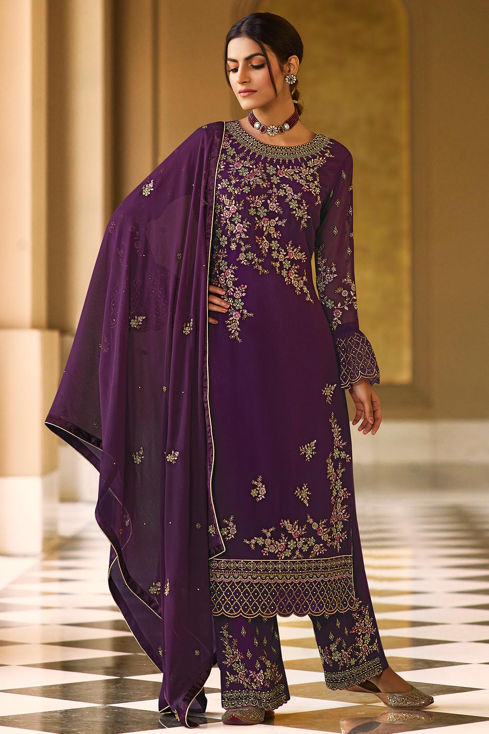 Plum Pure Georgette Embroidered Palazzo Suit