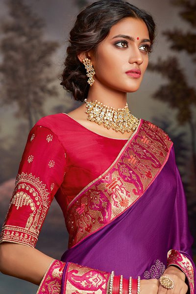 Buy Purple Silk Saree With Pink Embroidered Blouse Online | Like A Diva