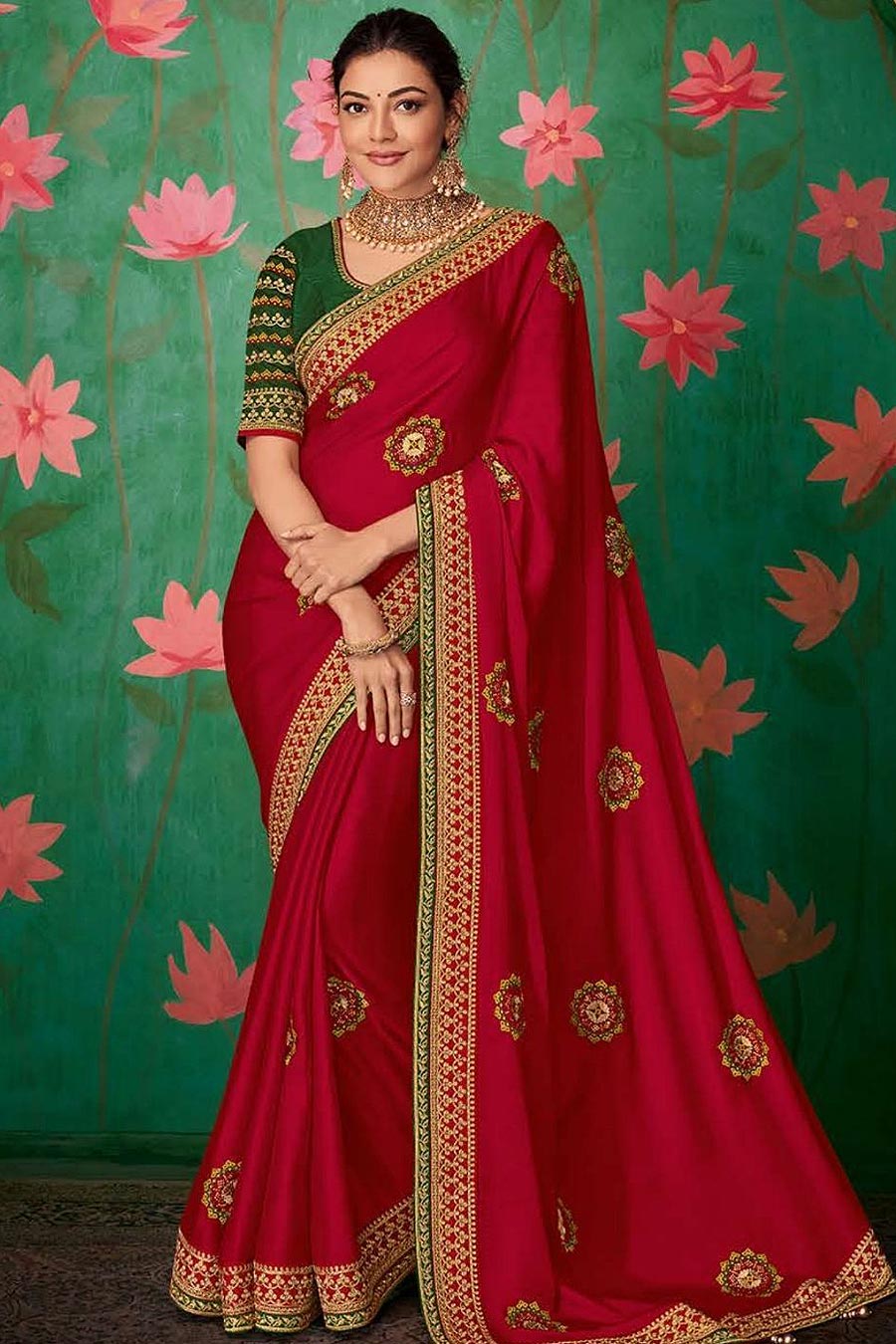 Crimson Red Party Wear Silk Saree with Embroidery