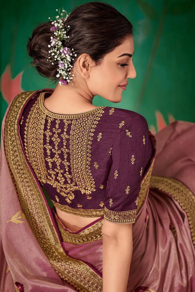 Onion Pink Party Wear Silk Saree with Embroidery
