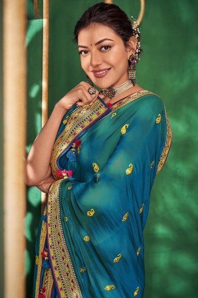 Blue Party Wear Silk Saree with Embroidery