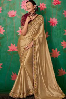 Golden Party Wear Silk Saree with Embroidered Blouse