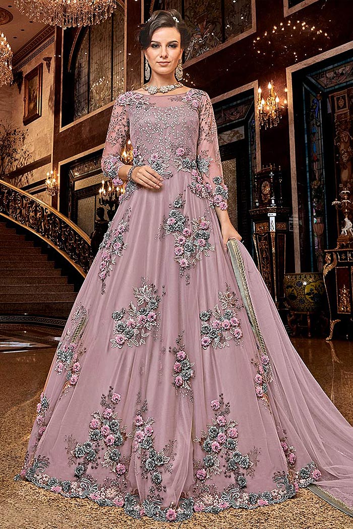 Lilac Net Anarkali Suit with Satin Floral Work