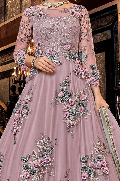 Lilac Net Anarkali Suit with Satin Floral Work