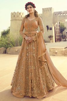 Embroidered Pale Amber Anarkali Lehenga Suit in Net