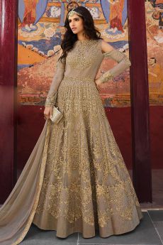 Taupe Zari Embroidered Anarkali Suit in Net